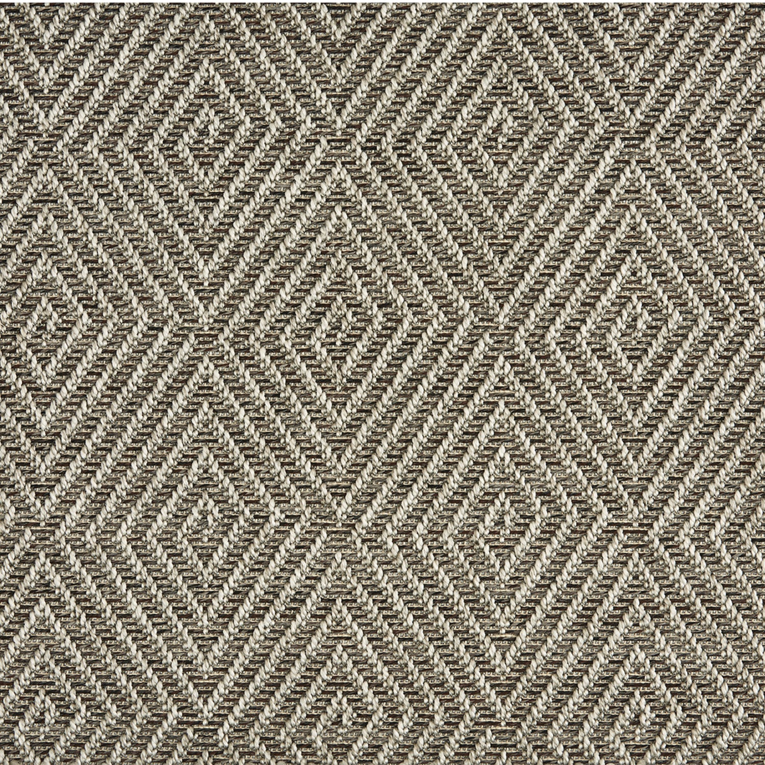 Outdoor broadloom carpet swatch in a dense repeating diamond pattern in cream on a charcoal field.