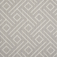 Wool-blend broadloom carpet swatch in a geometric line and square pattern in cream on a light gray field.