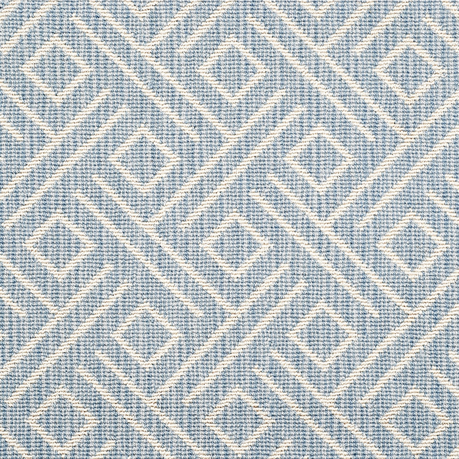 Wool-blend broadloom carpet swatch in a geometric line and square pattern in cream on a sky blue field.