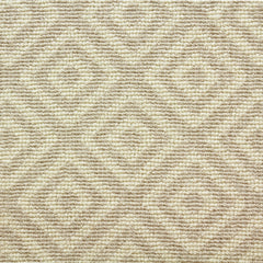 Wool-blend broadloom carpet swatch in a repeating diamond print in tan on a cream field.
