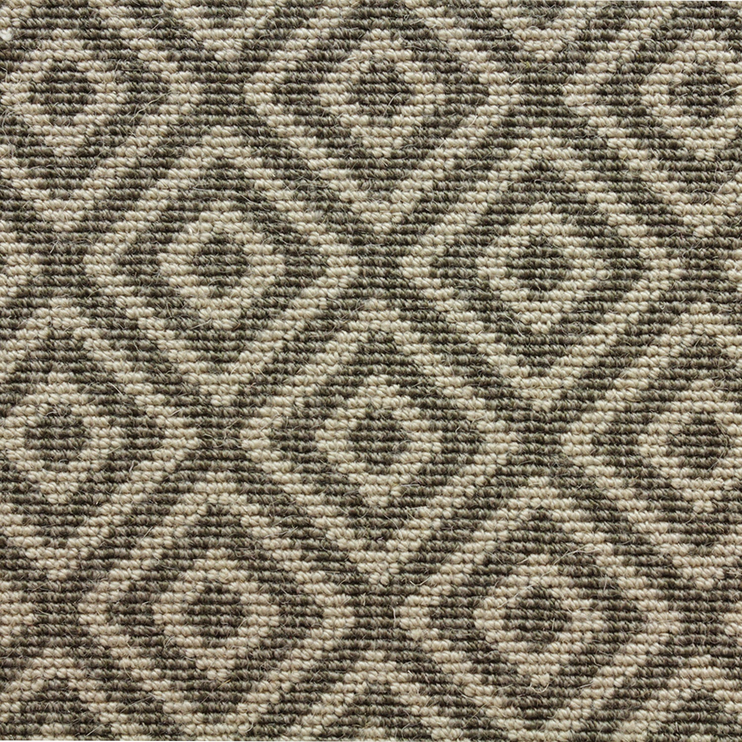Wool-blend broadloom carpet swatch in a repeating diamond print in dark brown on a tan field.