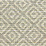Wool-blend broadloom carpet swatch in a repeating diamond print in gray on a cream field.