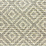 Wool-blend broadloom carpet swatch in a repeating diamond print in gray on a cream field.