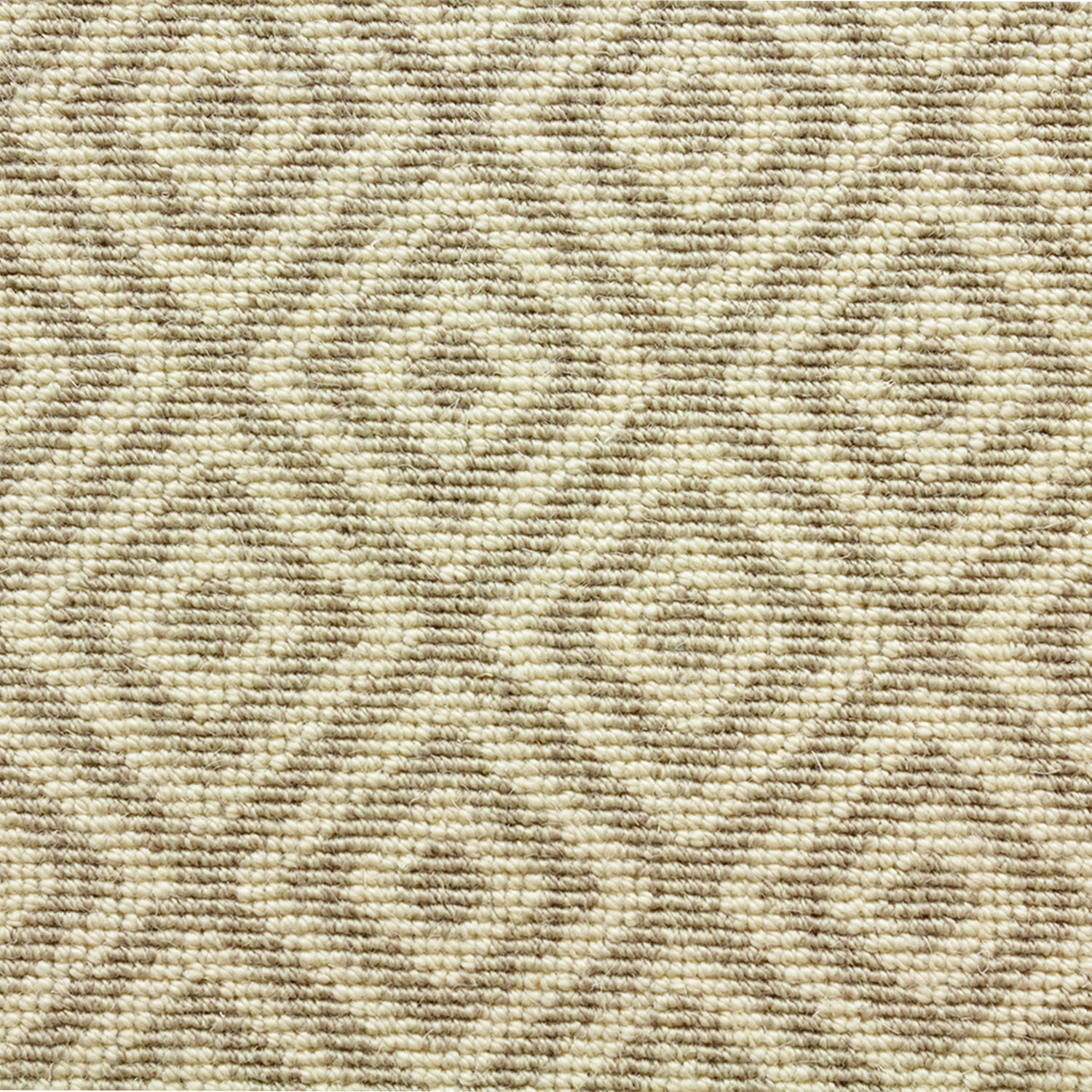 Wool-blend broadloom carpet swatch in a repeating diamond print in light brown on a cream field.