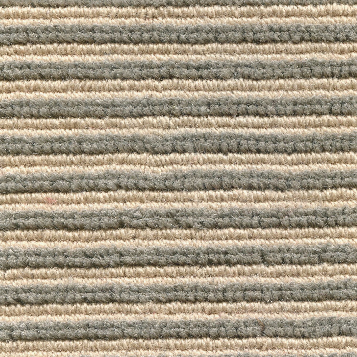 Wool-linen broadloom carpet swatch in a chunky striped weave in cream and gray.