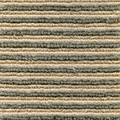 Wool-linen broadloom carpet swatch in a chunky striped weave in tan and gray.