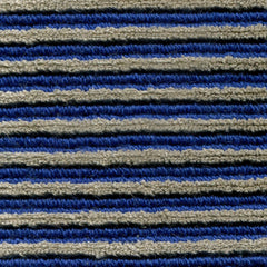 Wool-linen broadloom carpet swatch in a chunky striped weave in tan and navy.