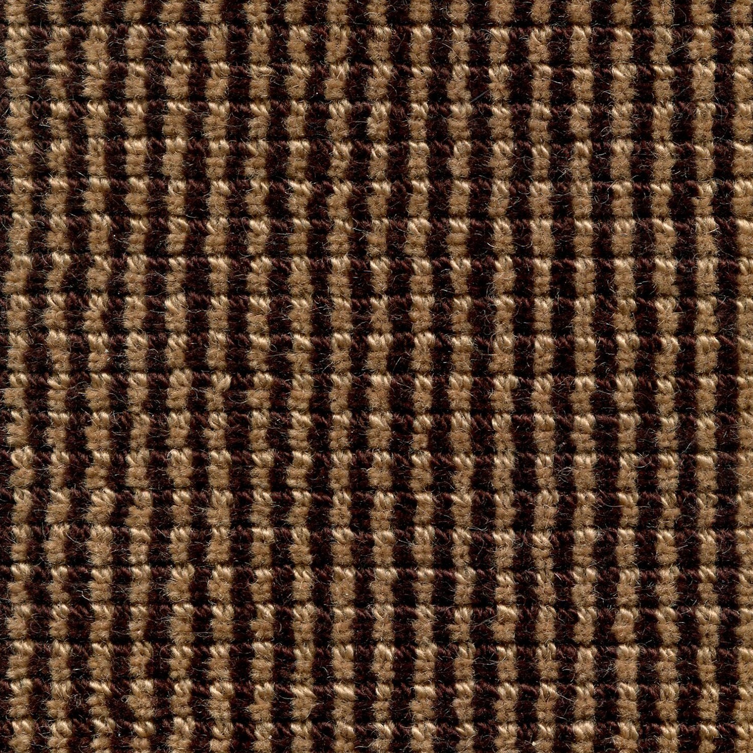 Wool broadloom carpet swatch in a high-pile striped weave in tan and dark brown.