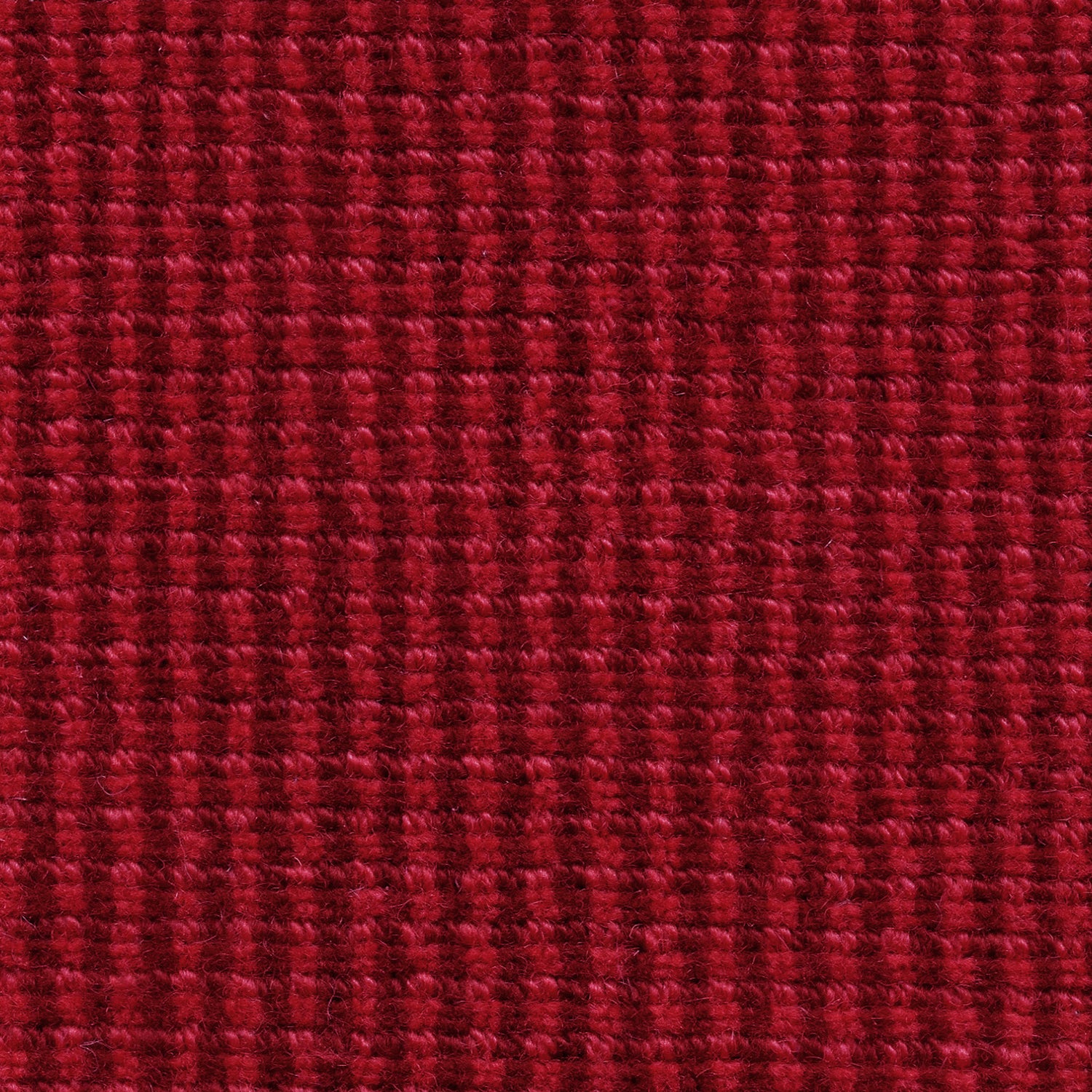 Wool broadloom carpet swatch in a high-pile striped weave in red and burgundy.