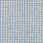 Wool broadloom carpet swatch in a high-pile striped weave in cream and light blue.