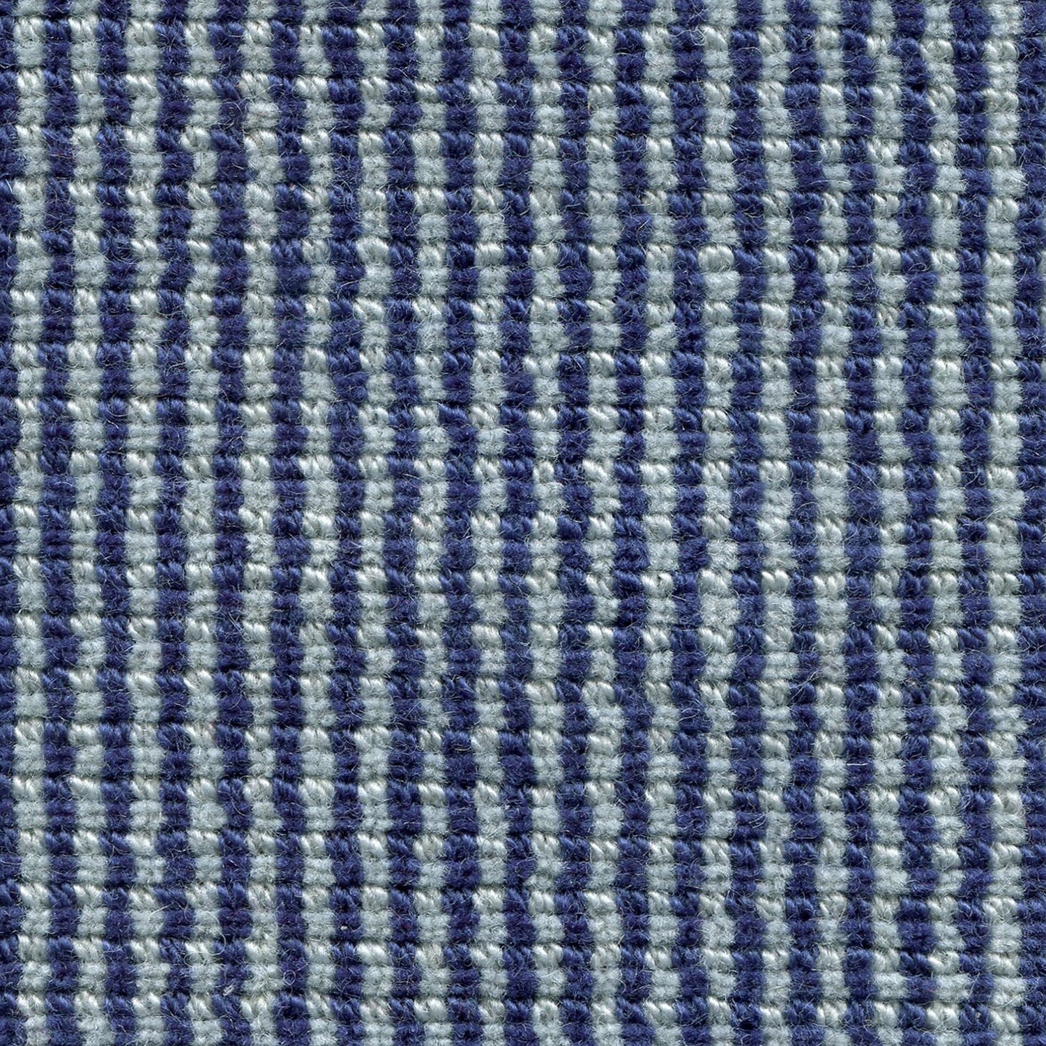 Wool broadloom carpet swatch in a high-pile striped weave in blue and sage.