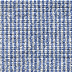 Wool broadloom carpet swatch in a high-pile striped weave in blue and white.