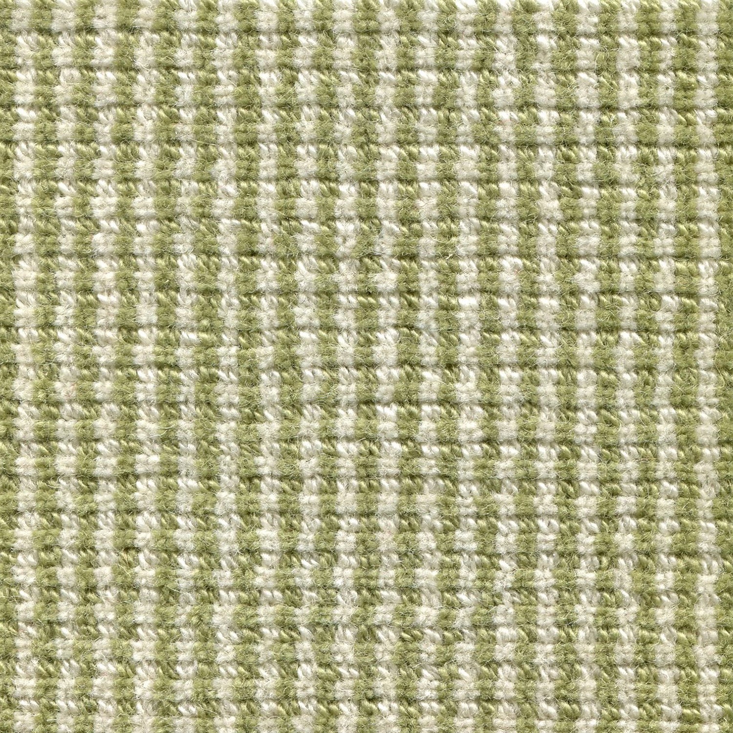 Wool broadloom carpet swatch in a high-pile striped weave in green and white.