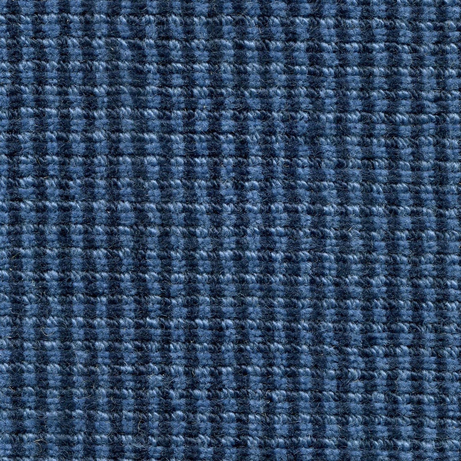 Wool broadloom carpet swatch in a high-pile striped weave in blue and navy.