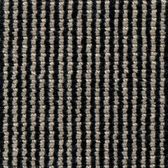 Wool broadloom carpet swatch in a high-pile striped weave in cream and black.
