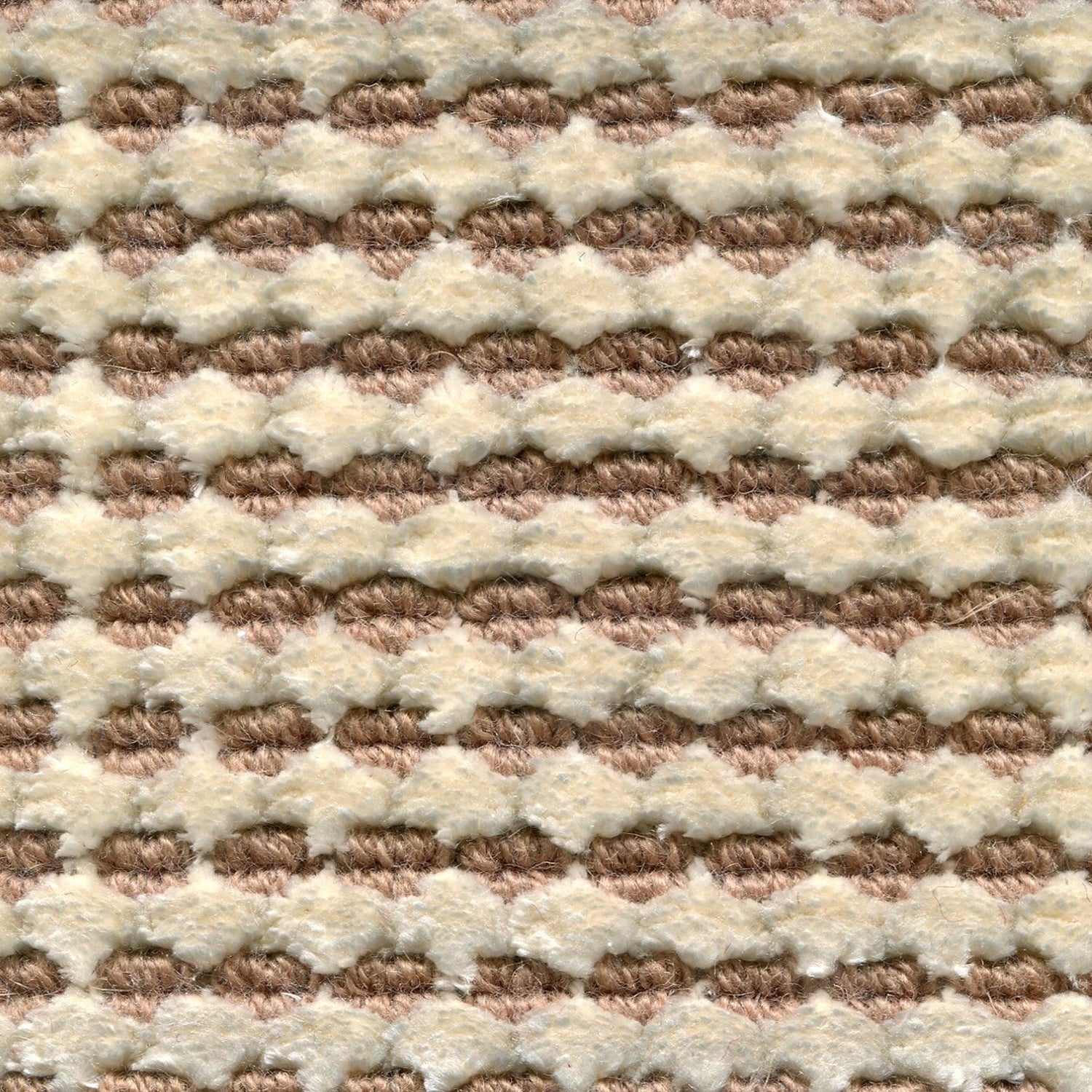 Wool-silk broadloom carpet swatch in a dimensional flat-and-tufted grid weave in cream and brown.