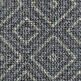 Wool broadloom carpet swatch in a repeating diamond pattern in cream on a gray-blue field.