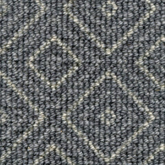 Wool broadloom carpet swatch in a repeating diamond pattern in cream on a gray-blue field.