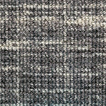 Wool broadloom carpet swatch in a chunky loop weave in mottled white, gray and charcoal.
