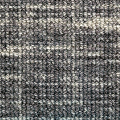Wool broadloom carpet swatch in a chunky loop weave in mottled white, gray and charcoal.
