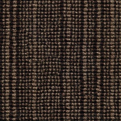 Wool broadloom carpet swatch in a chunky striped weave in brown and dark brown.