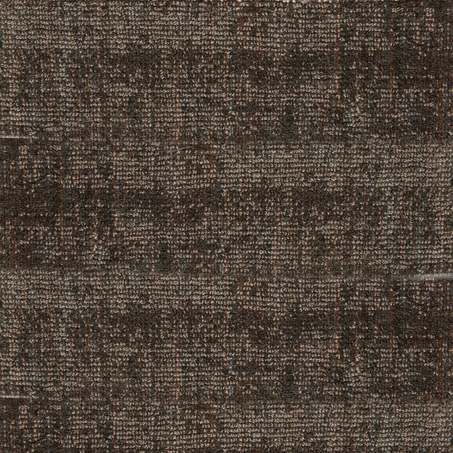 Nylon broadloom carpet swatch in a textured weave in mottled dark brown.