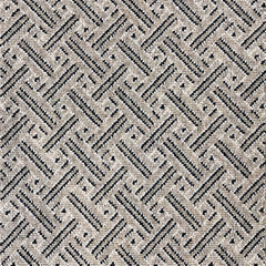 Wool broadloom carpet swatch in a looped geometric weave in tan with a black and white lattice pattern.