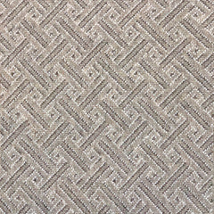 Wool broadloom carpet swatch in a looped geometric weave in taupe with a brown and white lattice pattern.
