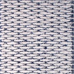 Wool-blend broadloom carpet swatch in a textured lattice print in navy on a white field.