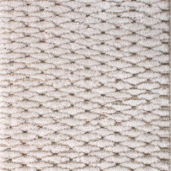 Wool-blend broadloom carpet swatch in a textured lattice print in beige on a white field.