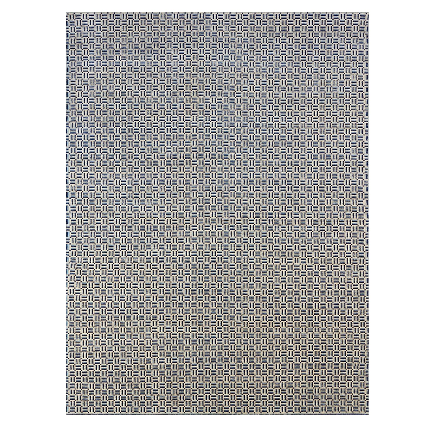 Rectangular area rug in a small-scale crosshatch pattern in shades of blue, black and cream.