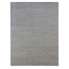 Rectangular area rug in a small-scale crosshatch pattern in shades of blue, black and cream.