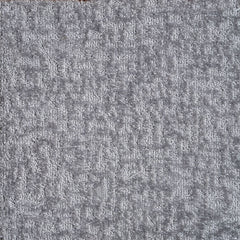 Synthetic-blend broadloom carpet swatch in an abstract textured loop weave in gray.