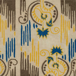 Detail of Fenwick Floral rug featuring a graphic floral motif paired with a painted linear design in blue, yellow and taupe on an ivory background