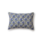 A rectangular throw pillow with a repeating Moroccan-inspired scallop pattern in green and navy on a white background.