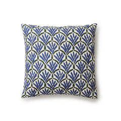 A square throw pillow with a repeating Moroccan-inspired scallop pattern in green and navy on a white background.