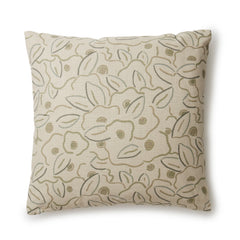 A square throw pillow in a large-scale minimal floral print in shades of tan and green on a cream background.