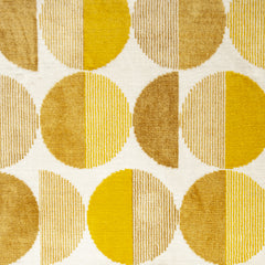 Wool-silk broadloom carpet swatch in a repeating circular pattern in shades of yellow on a white field.