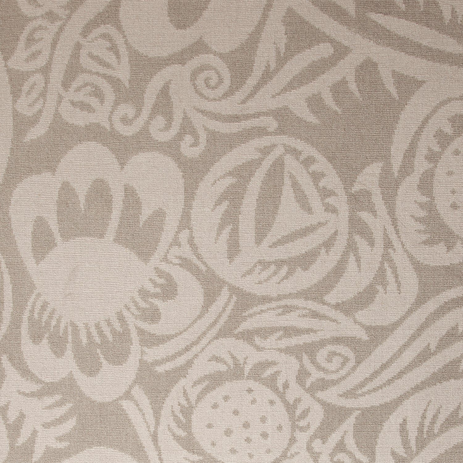 Wool-silk broadloom carpet swatch in a floral paisley pattern in light silver on a silver field.