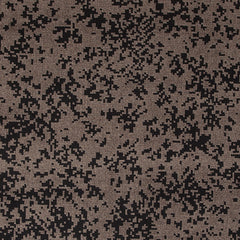 Wool-silk broadloom carpet swatch in a small-scale pixelated pattern in black on a brown field.