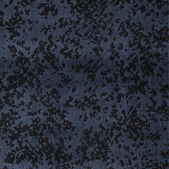 Wool-silk broadloom carpet swatch in a small-scale pixelated pattern in black on a navy field.