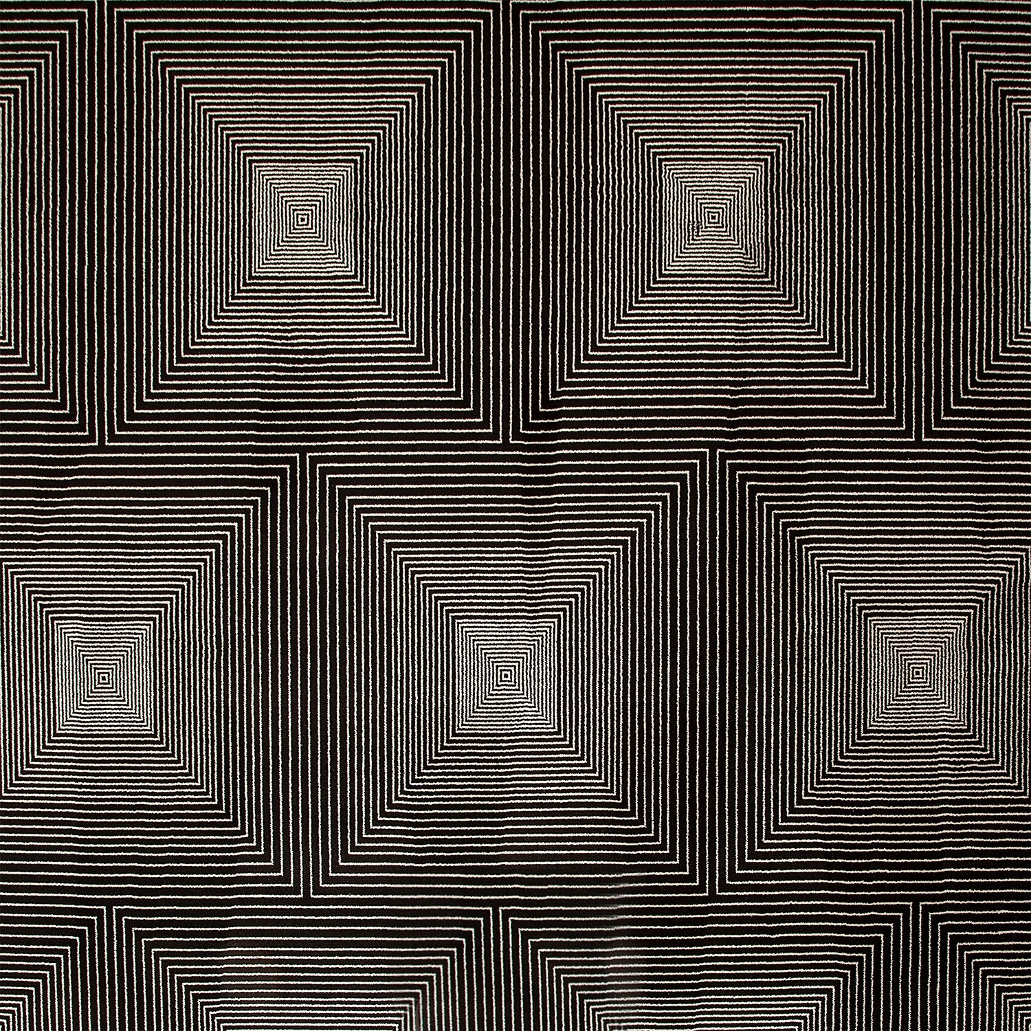 Wool-silk broadloom carpet swatch in a dense linear square print in white on a black field.
