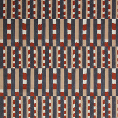 Fabric with pattern of vertical stripes of light brown, navy blue and dashes of rust red and white.