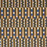 Fabric with pattern of vertical stripes of light tan, dark olive green and dashes of cobalt blue and white.