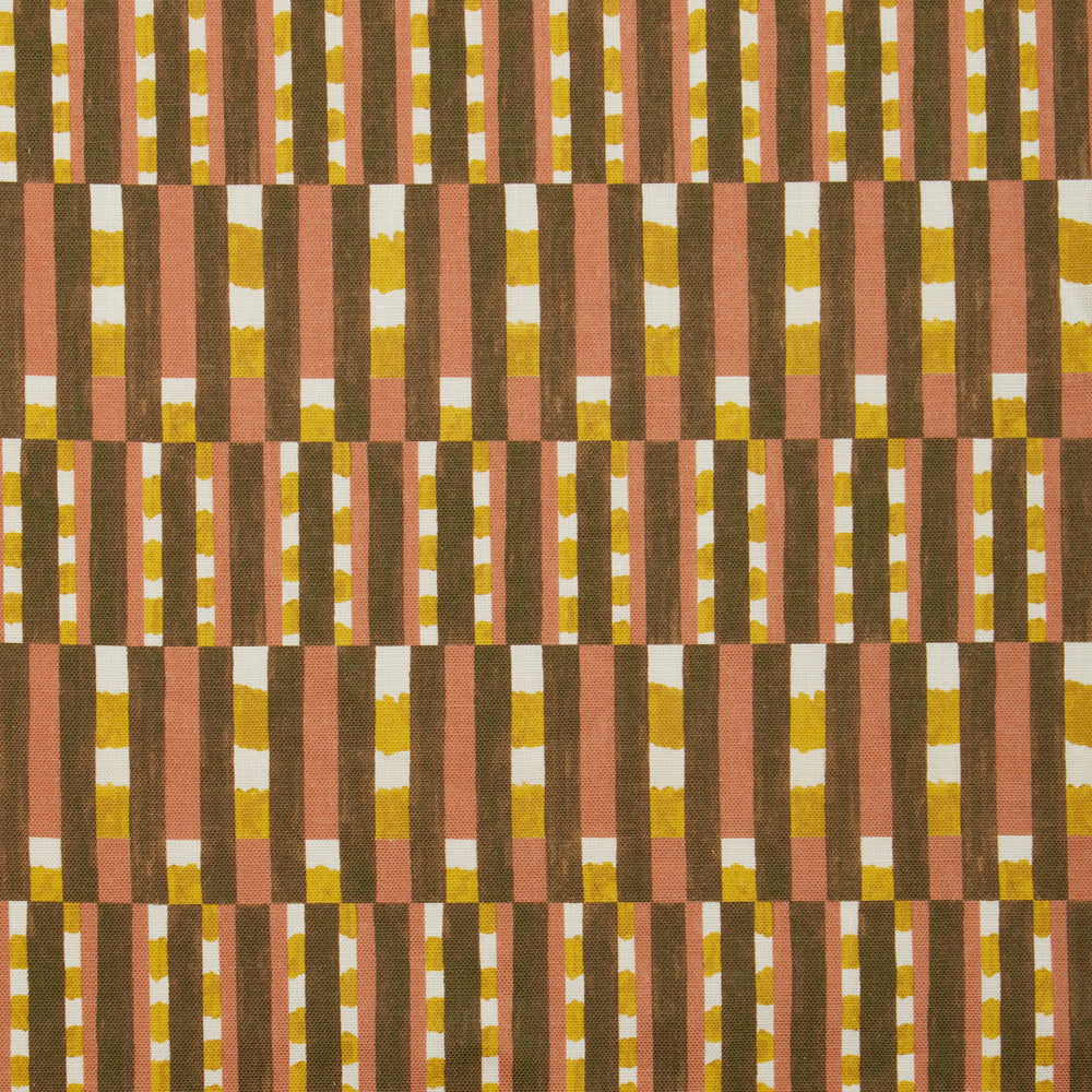 Fabric with pattern of vertical stripes of pink, warm olive green and dashes of yellow and white.