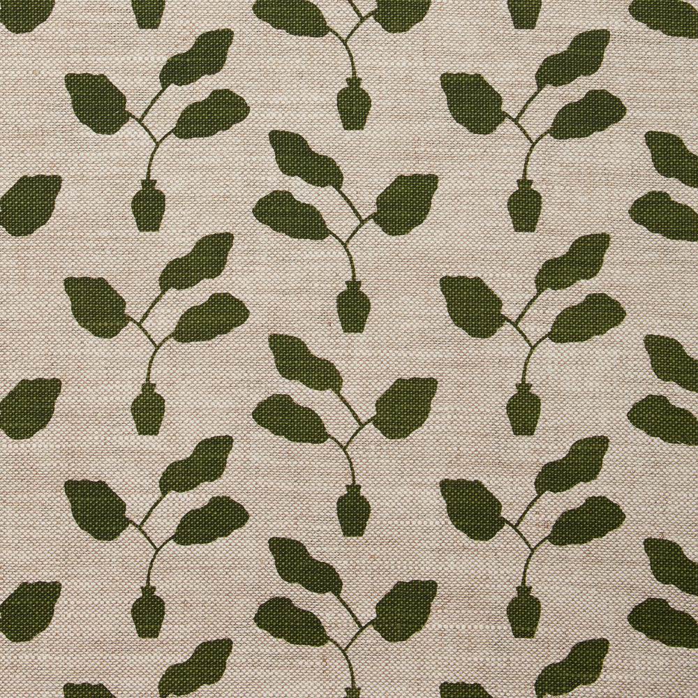 Fabric swatch with a three leafed plant in a pot motif in bottle green on a textured woven linen in oatmeal.