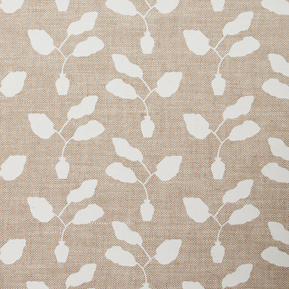 Fabric swatch with a three leafed plant in a pot motif in white on a textured woven linen in oatmeal.