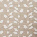 Fabric swatch with a three leafed plant in a pot motif in white on a textured woven linen in oatmeal.