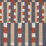 Detail of a textured wallpaper with a pattern of vertical stripes of light brown, navy blue and dashes of rust red and white.