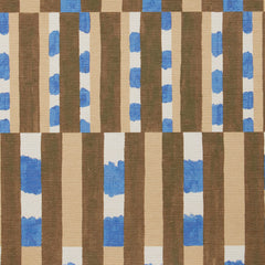 Detail of a textured wallpaper with a pattern of vertical stripes of light tan, dark olive green and dashes of cobalt blue and white.